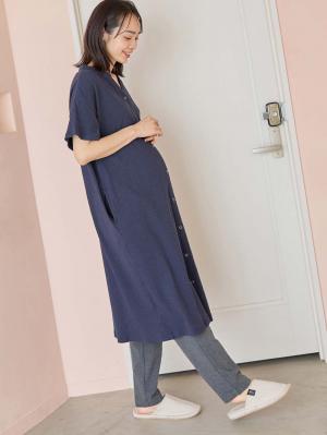 マタニティ パジャマ・ルームウェア|【助産院監修】【半袖・長袖】【ミドル丈】ハイストレッチリブ前開きパジャマ　マタニティ・授乳パジャマ【出産後も長く使える】|ネイビー(半袖)