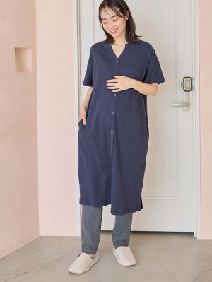 マタニティ パジャマ・ルームウェア|【助産院監修】【半袖・長袖】【ミドル丈】ハイストレッチリブ前開きパジャマ　マタニティ・授乳パジャマ【出産後も長く使える】|ネイビー(半袖)
