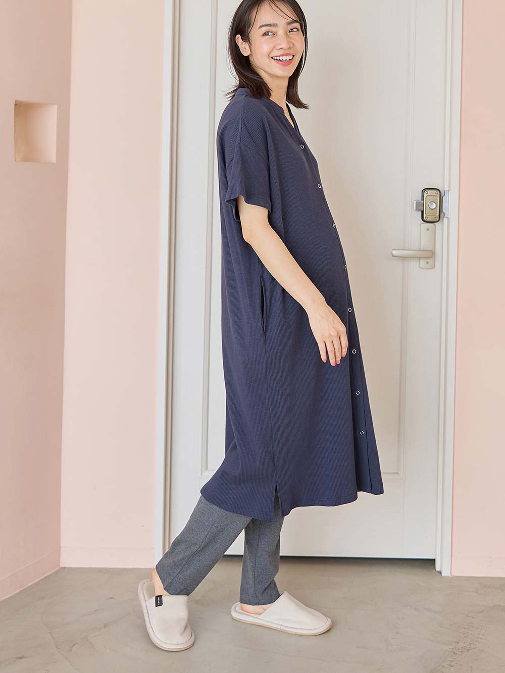 マタニティ パジャマ・ルームウェア|【助産院監修】【半袖・長袖】【ミドル丈】ハイストレッチリブ前開きパジャマ　マタニティ・授乳パジャマ【出産後も長く使える】|ネイビー(半袖)
