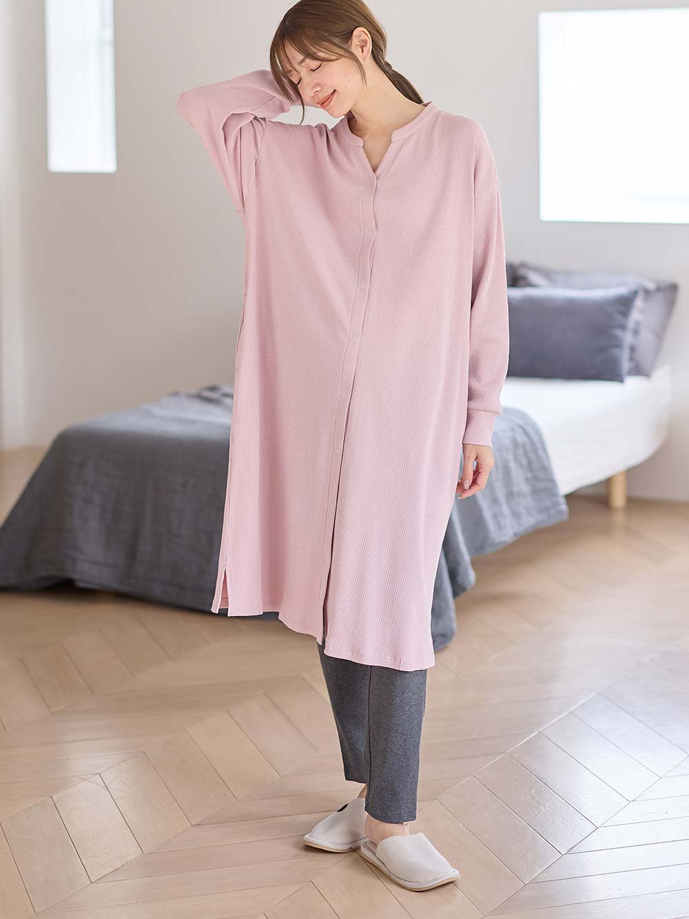 マタニティ パジャマ・ルームウェア|【助産院監修】【半袖・長袖】【ミドル丈】ハイストレッチリブ前開きパジャマ　マタニティ・授乳パジャマ【出産後も長く使える】|モーヴピンク（長袖）