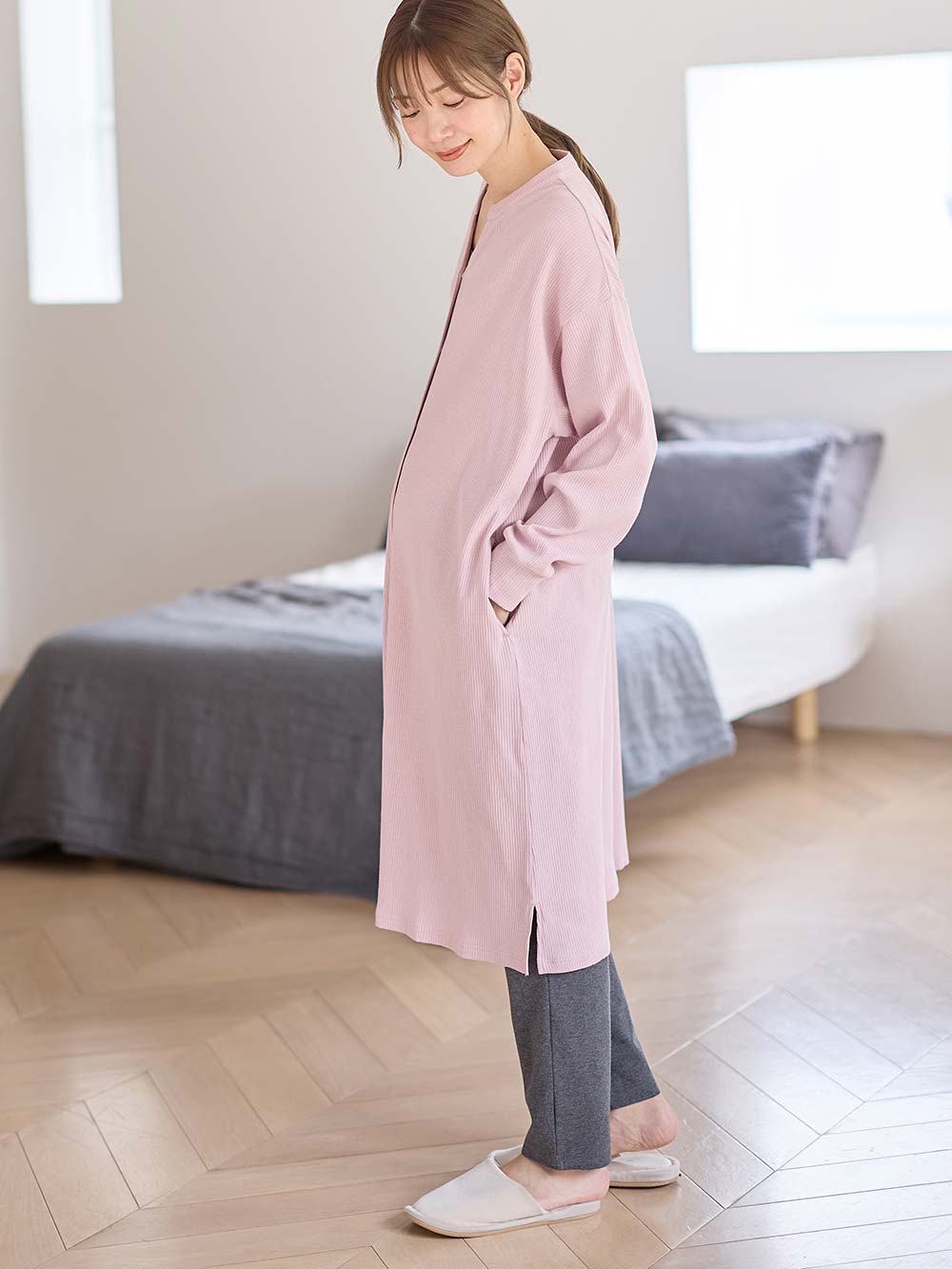 マタニティ パジャマ・ルームウェア|【助産院監修】【半袖・長袖】【ミドル丈】ハイストレッチリブ前開きパジャマ　マタニティ・授乳パジャマ【出産後も長く使える】|モーヴピンク（長袖）