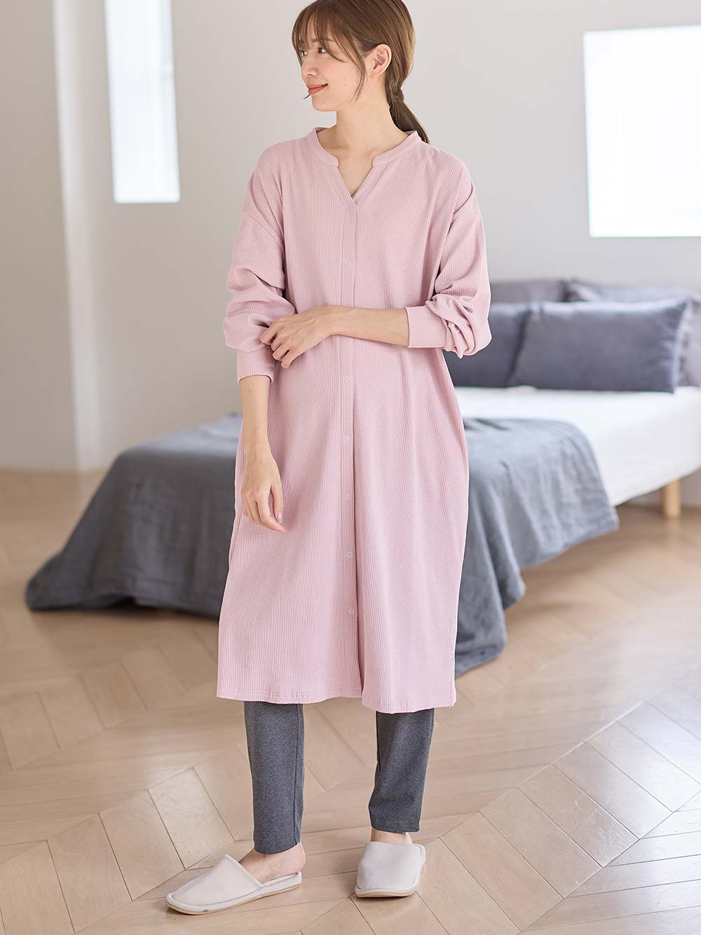マタニティ パジャマ・ルームウェア|【助産院監修】【半袖・長袖】【ミドル丈】ハイストレッチリブ前開きパジャマ　マタニティ・授乳パジャマ【出産後も長く使える】|モーヴピンク（長袖）