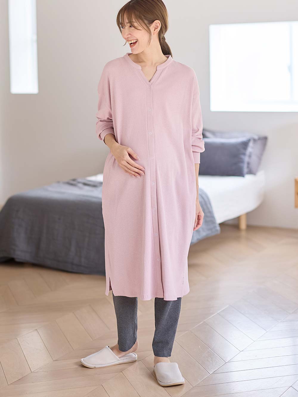 マタニティ パジャマ・ルームウェア|【助産院監修】【半袖・長袖】【ミドル丈】ハイストレッチリブ前開きパジャマ　マタニティ・授乳パジャマ【出産後も長く使える】|モーヴピンク（長袖）