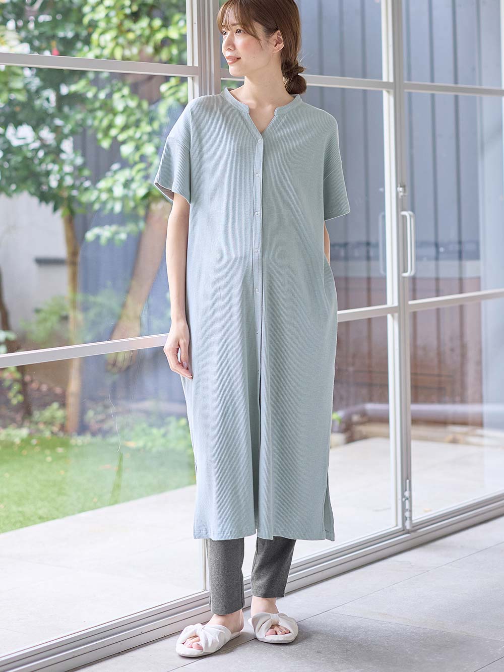 マタニティ パジャマ・ルームウェア|【助産院監修】【半袖・長袖】【ロング丈】ハイストレッチリブ前開きパジャマ　マタニティ・授乳パジャマ【出産後も長く使える】|グレイッシュブルー(半袖)