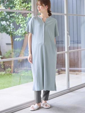 マタニティ パジャマ・ルームウェア|【助産院監修】【半袖・長袖】【ロング丈】ハイストレッチリブ前開きパジャマ　マタニティ・授乳パジャマ【出産後も長く使える】|グレイッシュブルー(半袖)