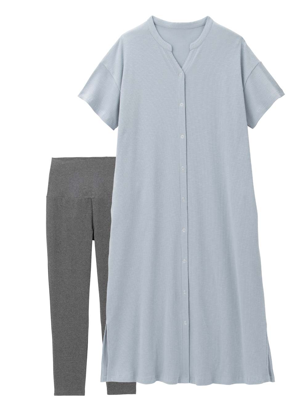 マタニティ パジャマ・ルームウェア|【助産院監修】【半袖・長袖】【ロング丈】ハイストレッチリブ前開きパジャマ　マタニティ・授乳パジャマ【出産後も長く使える】|グレイッシュブルー(半袖)