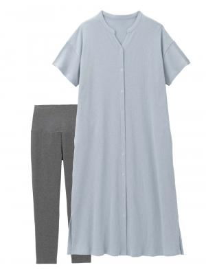 マタニティ パジャマ・ルームウェア|【助産院監修】【半袖・長袖】【ロング丈】ハイストレッチリブ前開きパジャマ　マタニティ・授乳パジャマ【出産後も長く使える】|グレイッシュブルー(半袖)