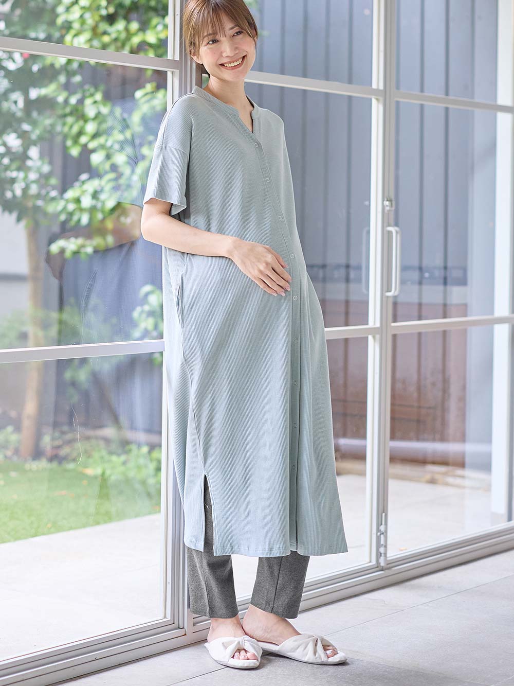 マタニティ パジャマ・ルームウェア|【助産院監修】【半袖・長袖】【ロング丈】ハイストレッチリブ前開きパジャマ　マタニティ・授乳パジャマ【出産後も長く使える】|グレイッシュブルー(半袖)