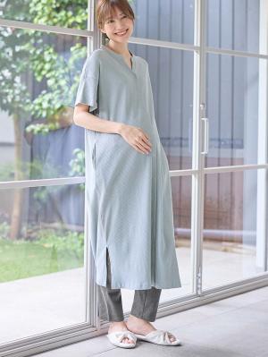 マタニティ パジャマ・ルームウェア|【助産院監修】【半袖・長袖】【ロング丈】ハイストレッチリブ前開きパジャマ　マタニティ・授乳パジャマ【出産後も長く使える】|グレイッシュブルー(半袖)