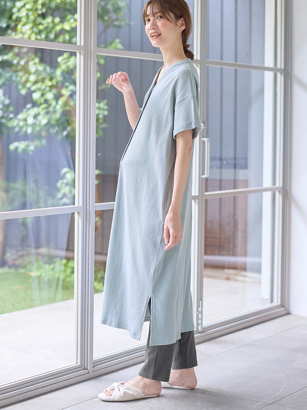 マタニティ パジャマ・ルームウェア|【助産院監修】【半袖・長袖】【ロング丈】ハイストレッチリブ前開きパジャマ　マタニティ・授乳パジャマ【出産後も長く使える】|グレイッシュブルー(半袖)