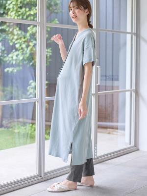 マタニティ パジャマ・ルームウェア|【助産院監修】【半袖・長袖】【ロング丈】ハイストレッチリブ前開きパジャマ　マタニティ・授乳パジャマ【出産後も長く使える】|グレイッシュブルー(半袖)