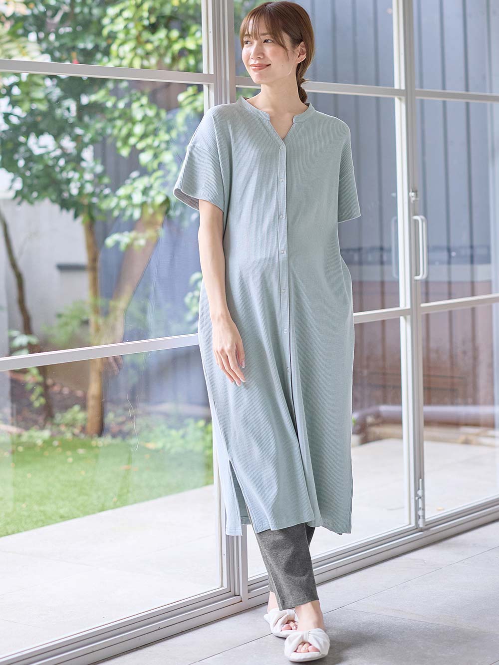 マタニティ パジャマ・ルームウェア|【助産院監修】【半袖・長袖】【ロング丈】ハイストレッチリブ前開きパジャマ　マタニティ・授乳パジャマ【出産後も長く使える】|グレイッシュブルー(半袖)