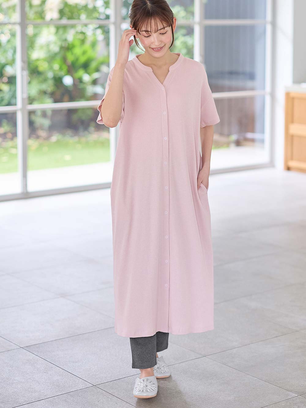 マタニティ パジャマ・ルームウェア|【助産院監修】【半袖・長袖】【ロング丈】ハイストレッチリブ前開きパジャマ　マタニティ・授乳パジャマ【出産後も長く使える】|モーヴピンク(半袖)