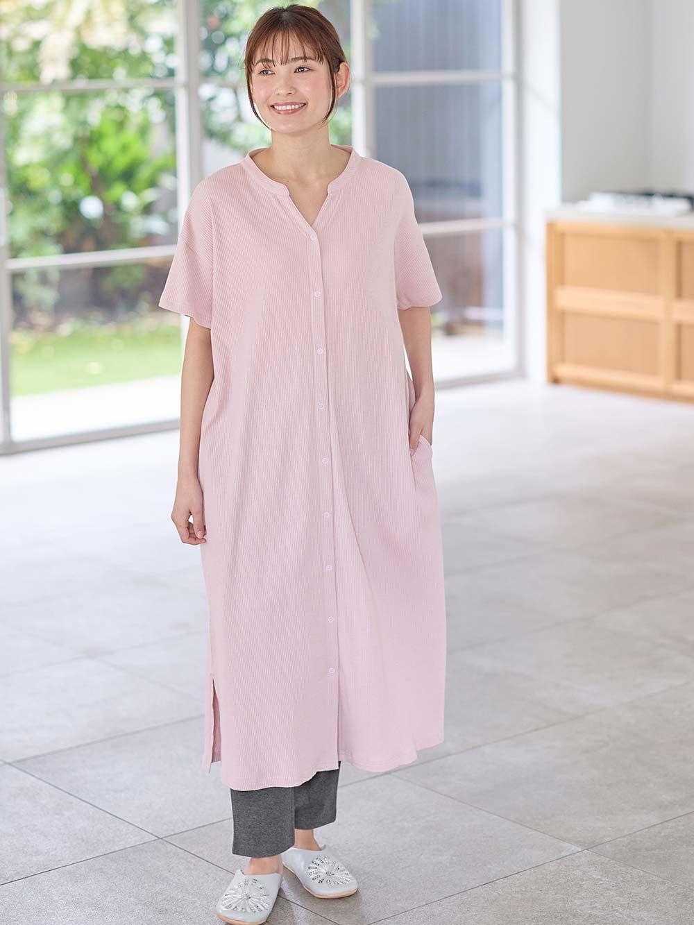 マタニティ パジャマ・ルームウェア|【助産院監修】【半袖・長袖】【ロング丈】ハイストレッチリブ前開きパジャマ　マタニティ・授乳パジャマ【出産後も長く使える】|モーヴピンク(半袖)