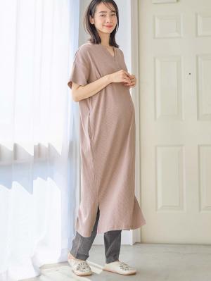 マタニティ パジャマ・ルームウェア|【助産院監修】【半袖・長袖】【ロング丈】ハイストレッチリブ前開きパジャマ　マタニティ・授乳パジャマ【出産後も長く使える】|モカ(半袖)