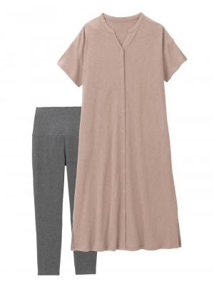 マタニティ パジャマ・ルームウェア|【助産院監修】【半袖・長袖】【ロング丈】ハイストレッチリブ前開きパジャマ　マタニティ・授乳パジャマ【出産後も長く使える】|モカ(半袖)