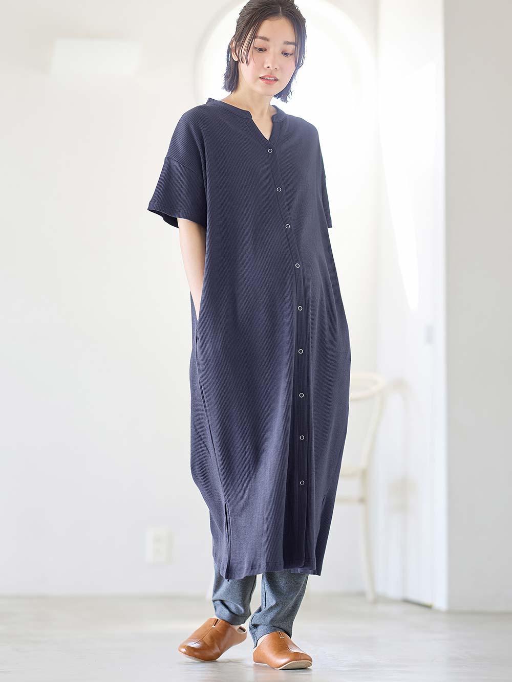 マタニティ パジャマ・ルームウェア|【助産院監修】【半袖・長袖】【ロング丈】ハイストレッチリブ前開きパジャマ　マタニティ・授乳パジャマ【出産後も長く使える】|ネイビー(半袖)