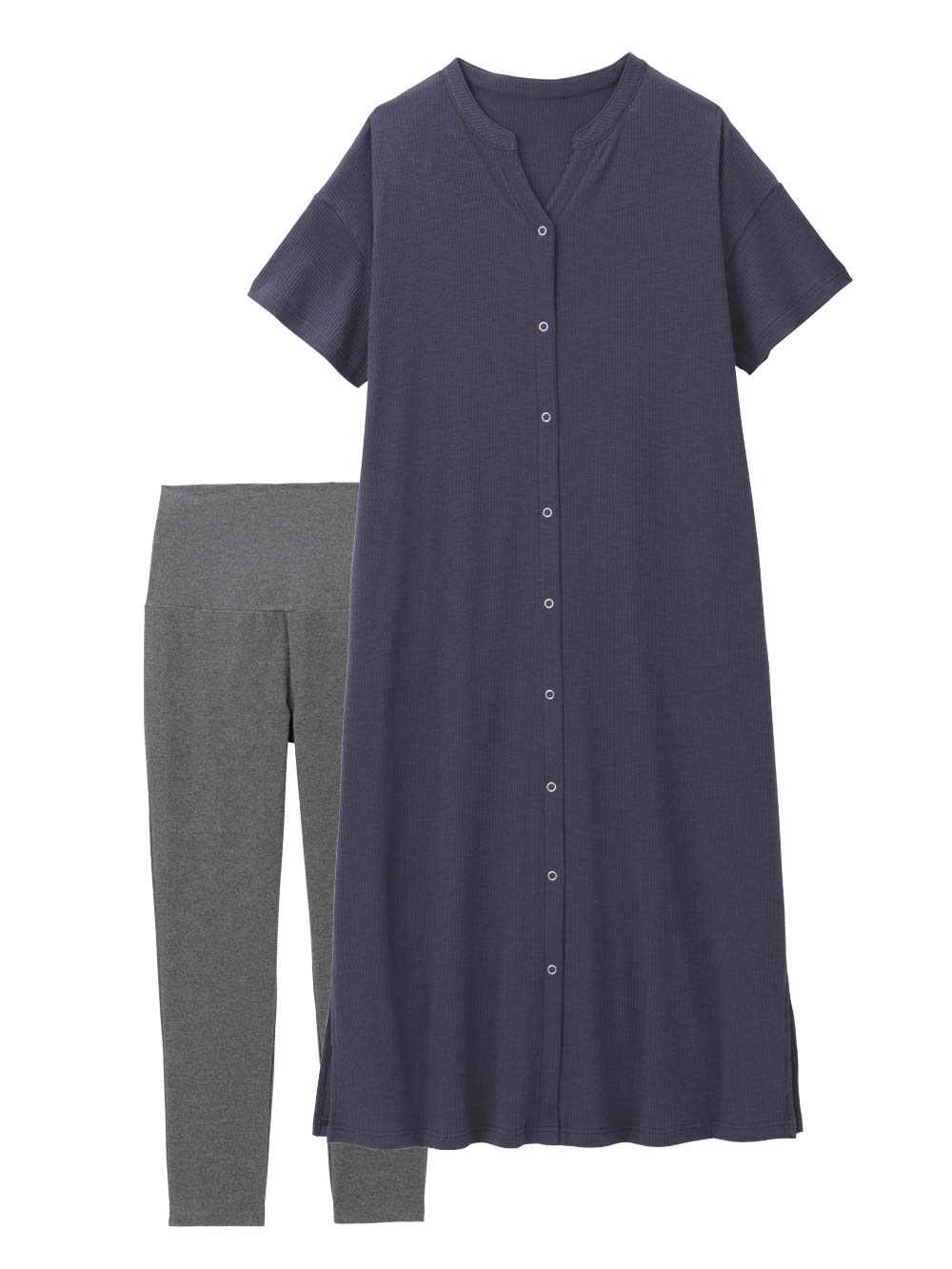 マタニティ パジャマ・ルームウェア|【助産院監修】【半袖・長袖】【ロング丈】ハイストレッチリブ前開きパジャマ　マタニティ・授乳パジャマ【出産後も長く使える】|ネイビー(半袖)