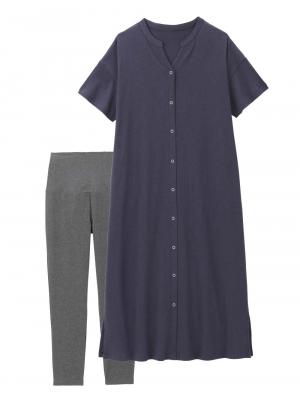 マタニティ パジャマ・ルームウェア|【助産院監修】【半袖・長袖】【ロング丈】ハイストレッチリブ前開きパジャマ　マタニティ・授乳パジャマ【出産後も長く使える】|ネイビー(半袖)