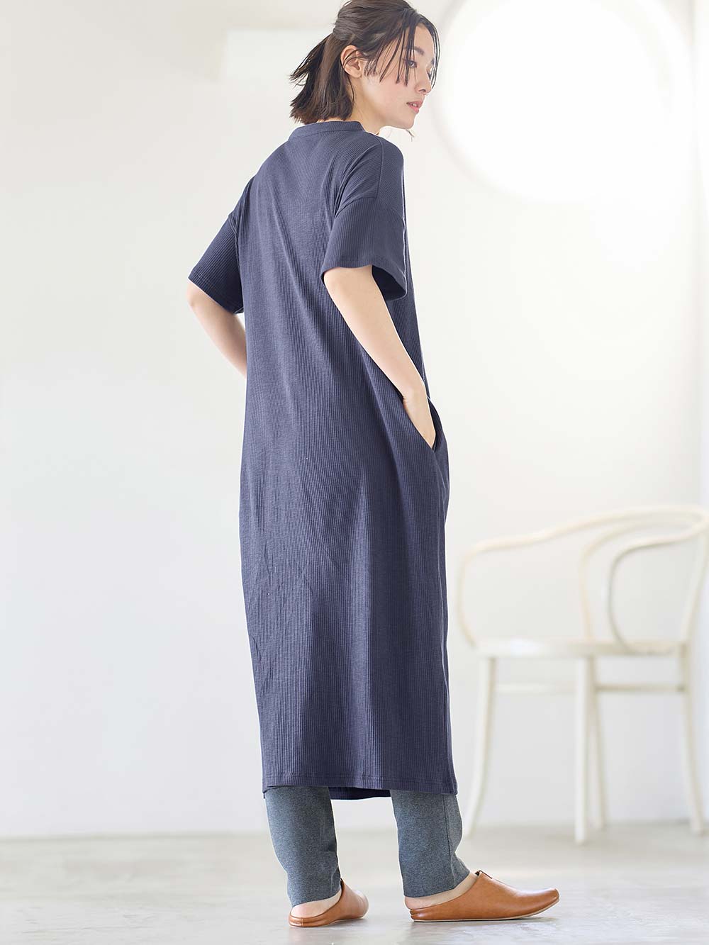 マタニティ パジャマ・ルームウェア|【助産院監修】【半袖・長袖】【ロング丈】ハイストレッチリブ前開きパジャマ　マタニティ・授乳パジャマ【出産後も長く使える】|ネイビー(半袖)