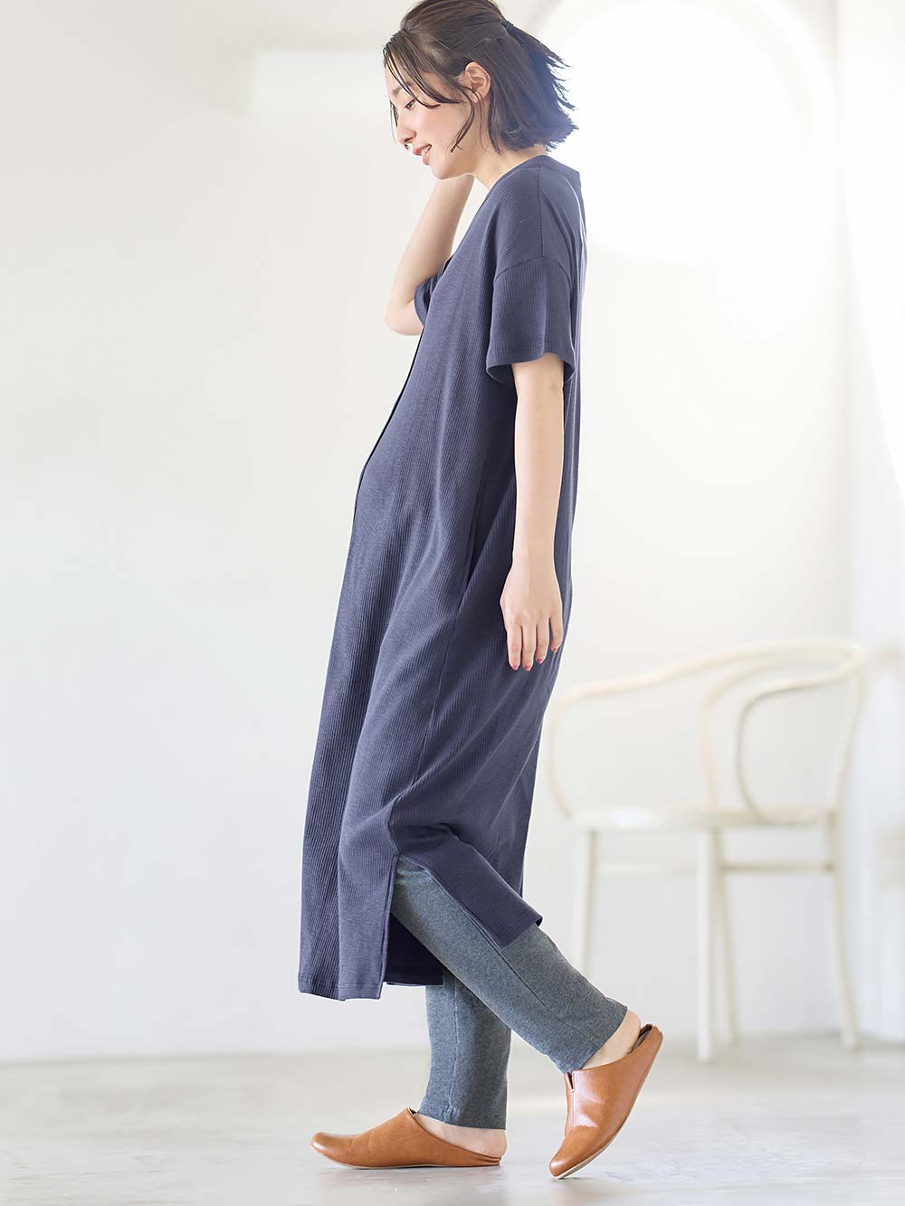 マタニティ パジャマ・ルームウェア|【助産院監修】【半袖・長袖】【ロング丈】ハイストレッチリブ前開きパジャマ　マタニティ・授乳パジャマ【出産後も長く使える】|ネイビー(半袖)