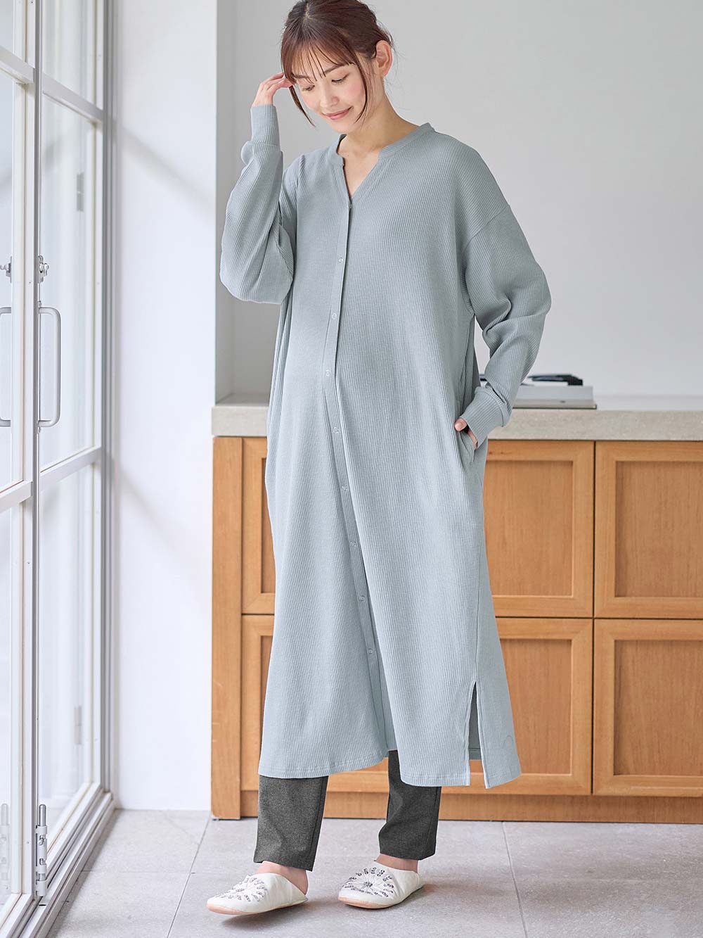 マタニティ パジャマ・ルームウェア|【助産院監修】【半袖・長袖】【ロング丈】ハイストレッチリブ前開きパジャマ　マタニティ・授乳パジャマ【出産後も長く使える】|グレイッシュブルー（長袖）