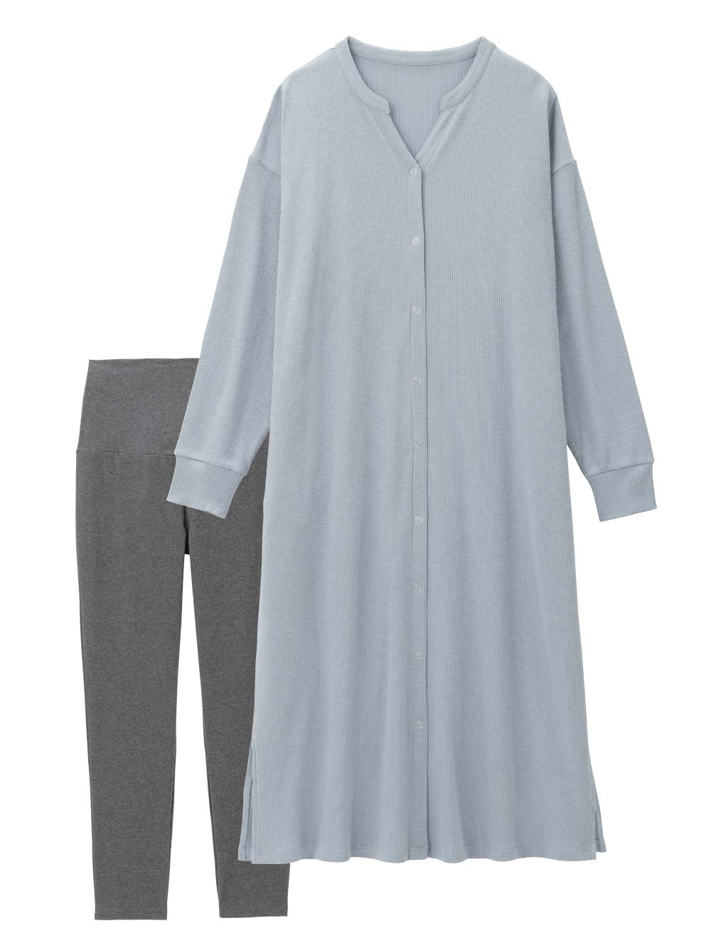 マタニティ パジャマ・ルームウェア|【助産院監修】【半袖・長袖】【ロング丈】ハイストレッチリブ前開きパジャマ　マタニティ・授乳パジャマ【出産後も長く使える】|グレイッシュブルー（長袖）