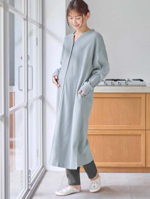 マタニティ パジャマ・ルームウェア|【助産院監修】【半袖・長袖】【ロング丈】ハイストレッチリブ前開きパジャマ　マタニティ・授乳パジャマ【出産後も長く使える】|グレイッシュブルー（長袖）