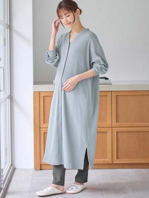 マタニティ パジャマ・ルームウェア|【助産院監修】【半袖・長袖】【ロング丈】ハイストレッチリブ前開きパジャマ　マタニティ・授乳パジャマ【出産後も長く使える】|グレイッシュブルー（長袖）