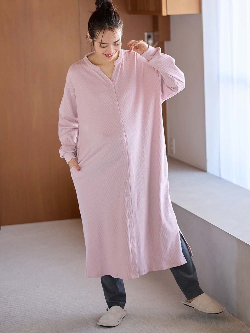マタニティ パジャマ・ルームウェア|【助産院監修】【半袖・長袖】【ロング丈】ハイストレッチリブ前開きパジャマ　マタニティ・授乳パジャマ【出産後も長く使える】|モーヴピンク（長袖）