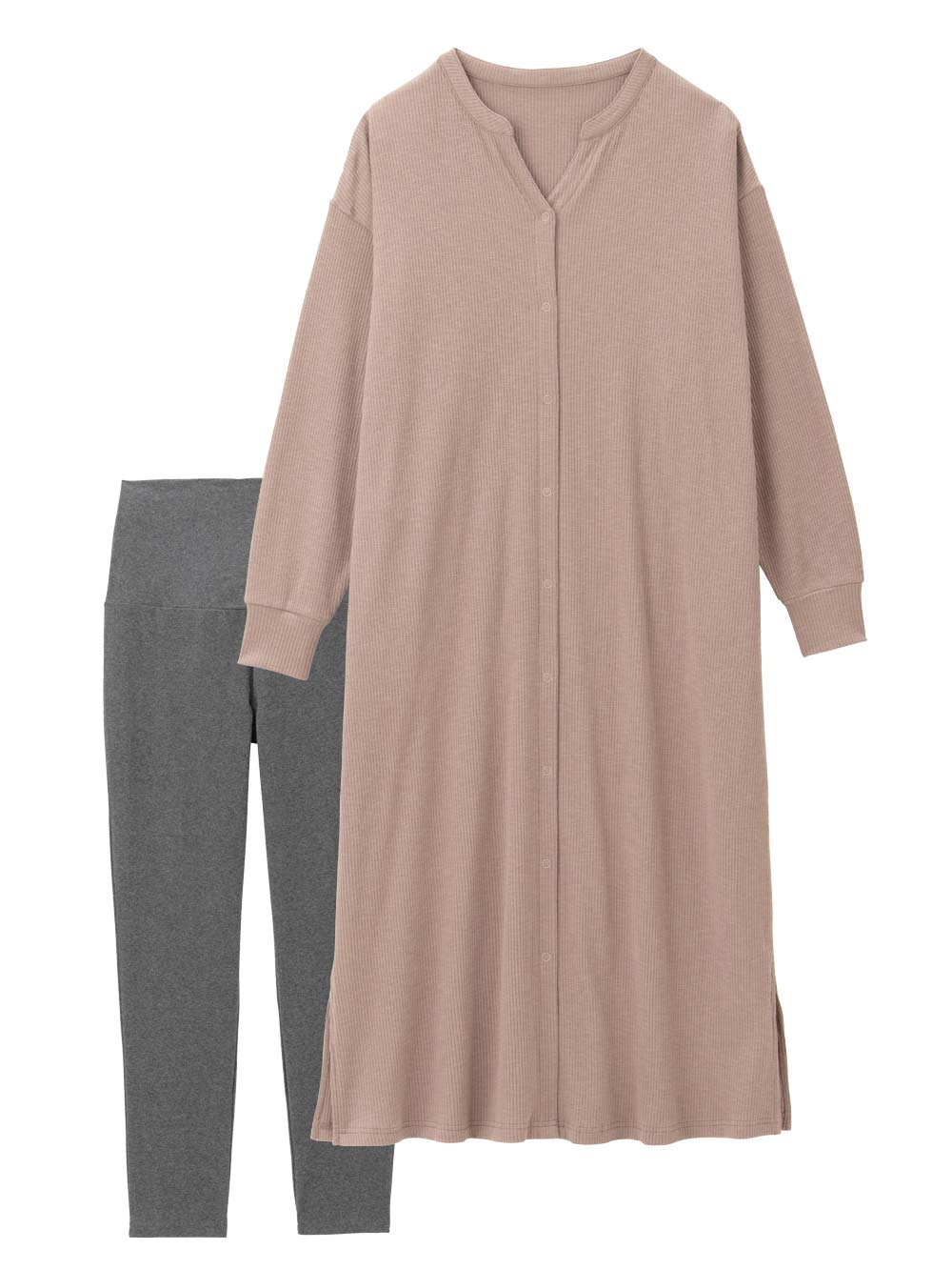 マタニティ パジャマ・ルームウェア|【助産院監修】【半袖・長袖】【ロング丈】ハイストレッチリブ前開きパジャマ　マタニティ・授乳パジャマ【出産後も長く使える】|モカ(長袖)