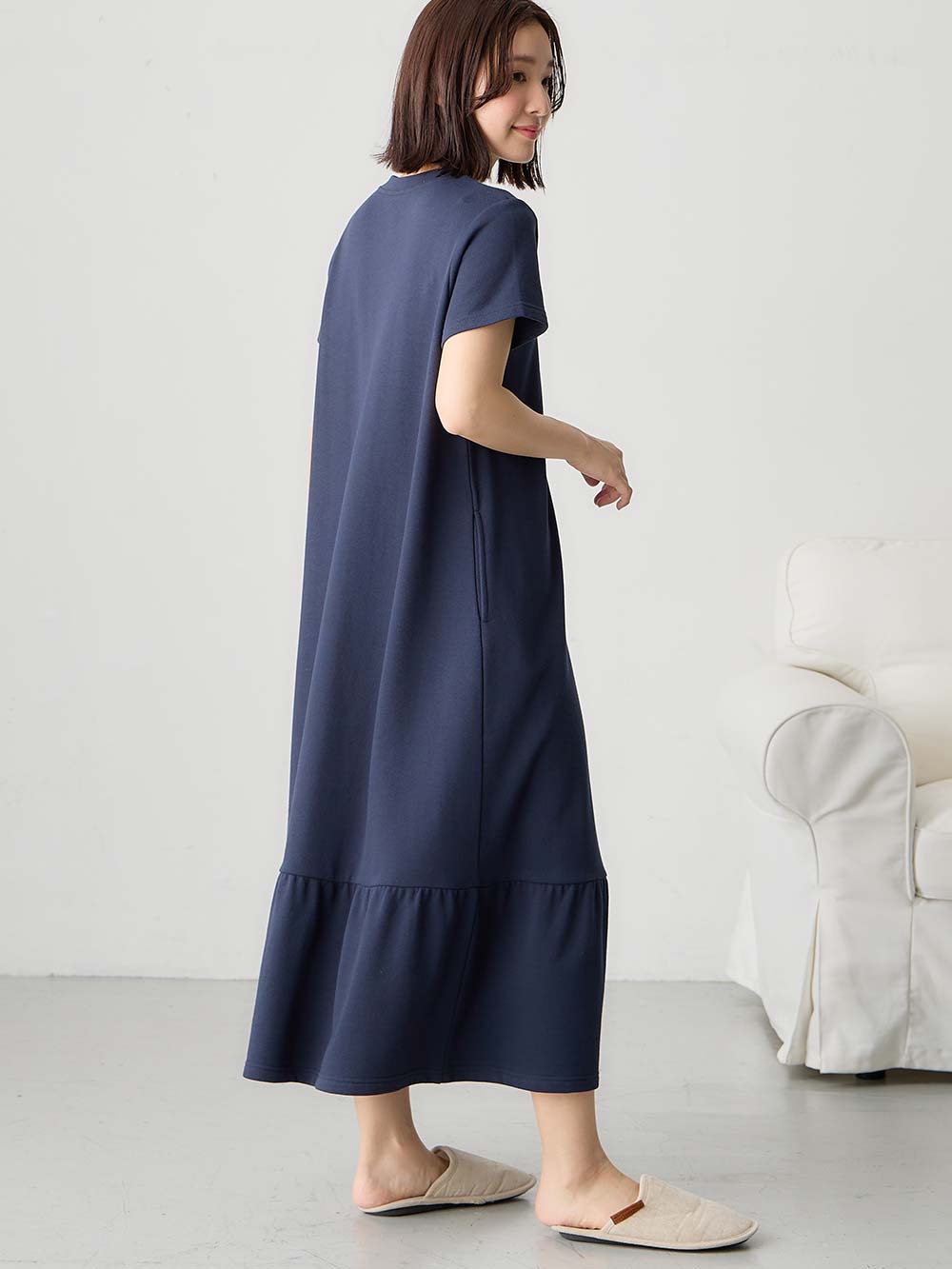 マタニティ パジャマ・ルームウェア|綿混やわらかスウェット半袖ティアードネグリジェ　マタニティ・授乳パジャマ【産後も長く着れる】|ネイビー