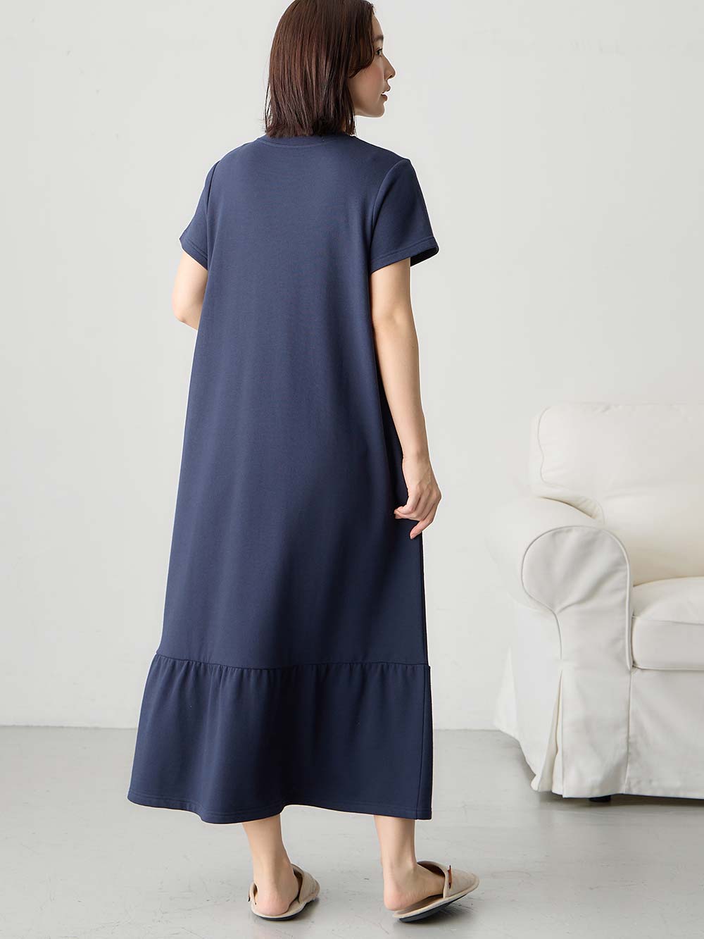 マタニティ パジャマ・ルームウェア|綿混やわらかスウェット半袖ティアードネグリジェ　マタニティ・授乳パジャマ【産後も長く着れる】|ネイビー