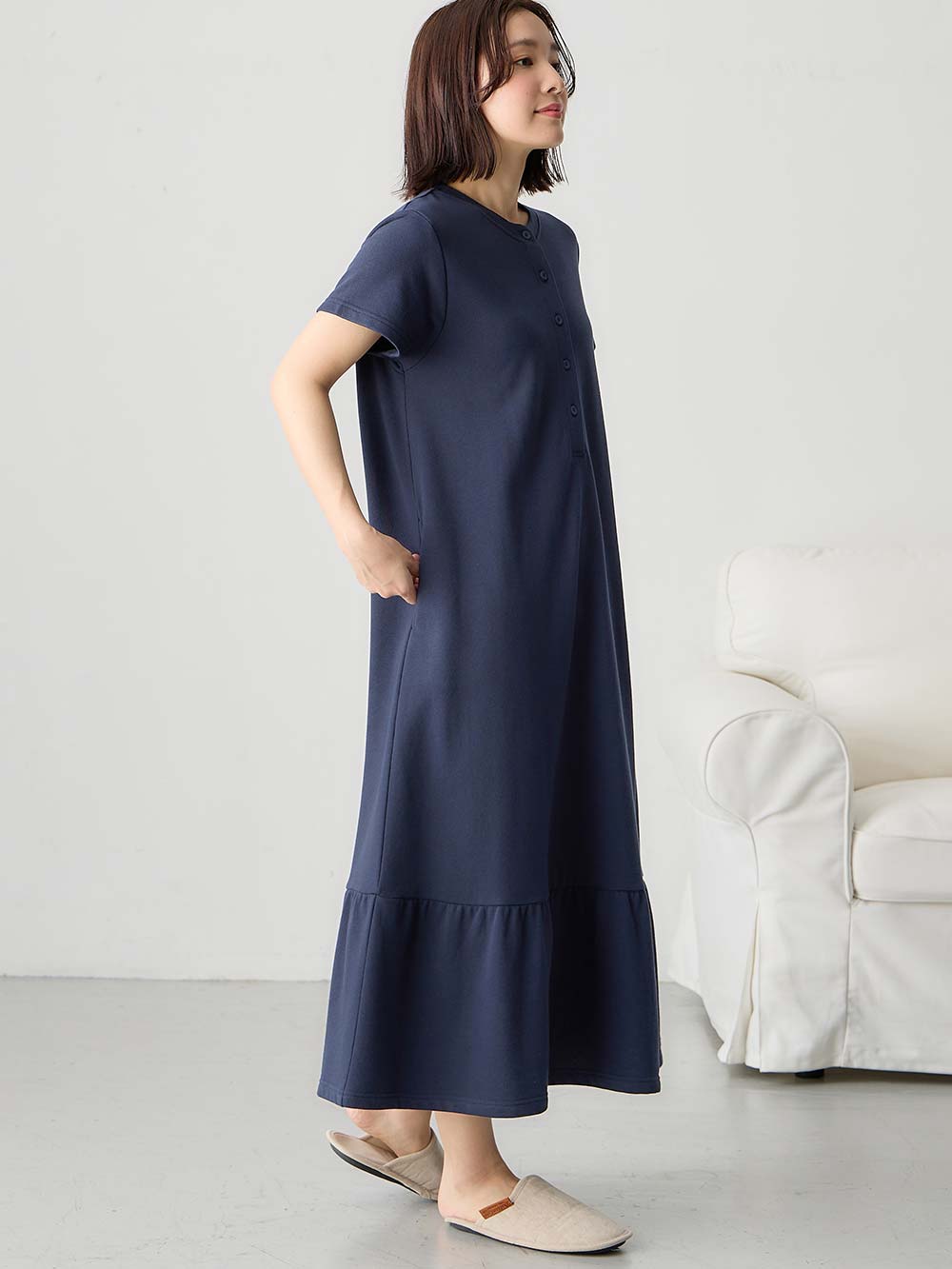 マタニティ パジャマ・ルームウェア|綿混やわらかスウェット半袖ティアードネグリジェ　マタニティ・授乳パジャマ【産後も長く着れる】|ネイビー