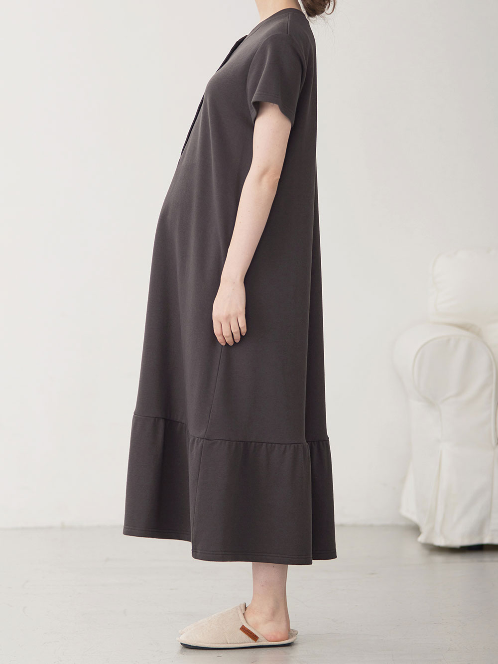 マタニティ パジャマ・ルームウェア|綿混やわらかスウェット半袖ティアードネグリジェ　マタニティ・授乳パジャマ【産後も長く着れる】