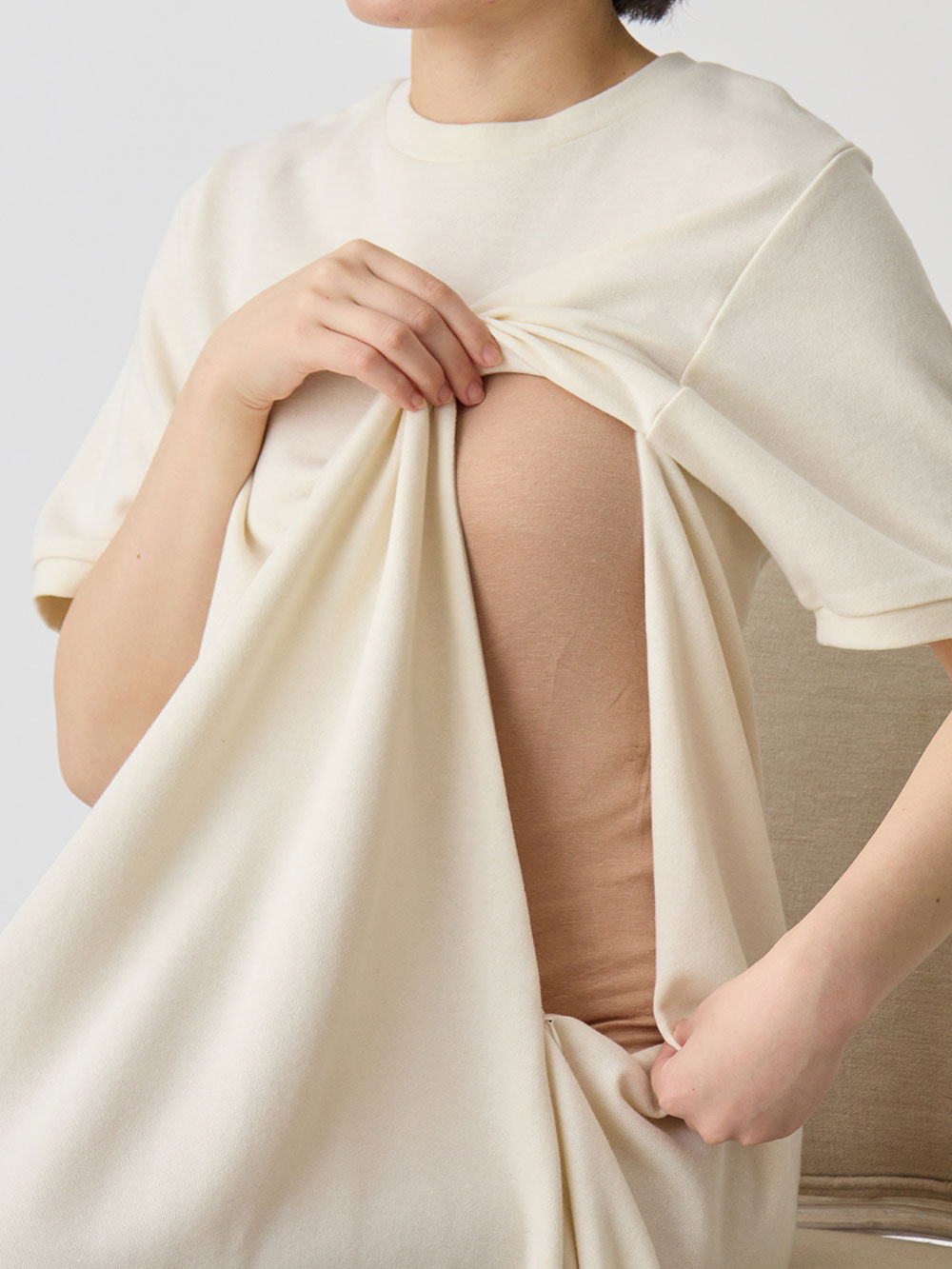 マタニティ ワンピース|綿混やわらかスウェット半袖フレアワンピース　マタニティ・授乳服【出産後も長く着られる】