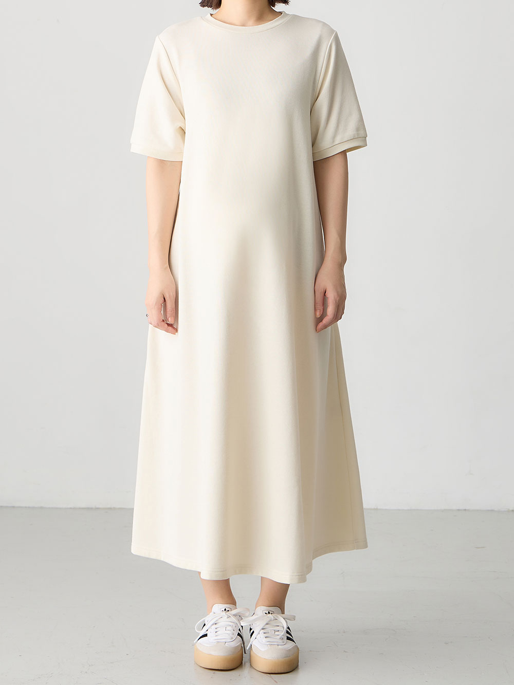 マタニティ ワンピース|綿混やわらかスウェット半袖フレアワンピース　マタニティ・授乳服【出産後も長く着られる】