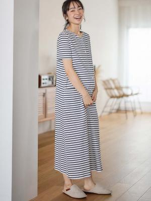 マタニティ パジャマ・ルームウェア|【防汚加工】【長袖・半袖】【２WAY】綿100％前開きネグリジェ　マタニティ・授乳パジャマ【産後も長く着れる】|オフ×ネイビーボーダー(半袖)