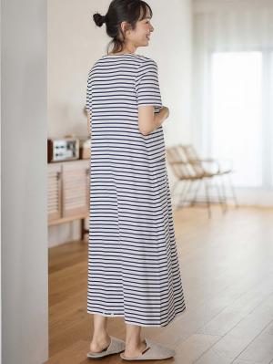 マタニティ パジャマ・ルームウェア|【防汚加工】【長袖・半袖】【２WAY】綿100％前開きネグリジェ　マタニティ・授乳パジャマ【産後も長く着れる】|オフ×ネイビーボーダー(半袖)