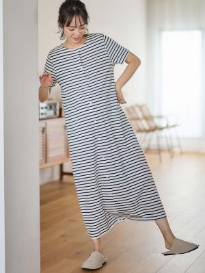 マタニティ パジャマ・ルームウェア|【防汚加工】【長袖・半袖】【２WAY】綿100％前開きネグリジェ　マタニティ・授乳パジャマ【産後も長く着れる】|オフ×ネイビーボーダー(半袖)