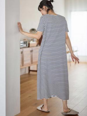 マタニティ パジャマ・ルームウェア|【防汚加工】【長袖・半袖】【２WAY】綿100％前開きネグリジェ　マタニティ・授乳パジャマ【産後も長く着れる】|オフ×ネイビーボーダー(半袖)