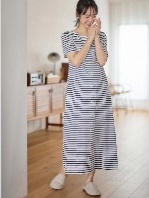 【防汚加工】【長袖・半袖】【２WAY】綿100％前開きネグリジェ　マタニティ・授乳パジャマ【産後も長く着れる】10577