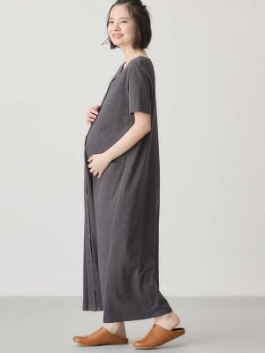 マタニティ パジャマ・ルームウェア|【防汚加工】【長袖・半袖】【２WAY】綿100％前開きネグリジェ　マタニティ・授乳パジャマ【産後も長く着れる】|チャコール(半袖)
