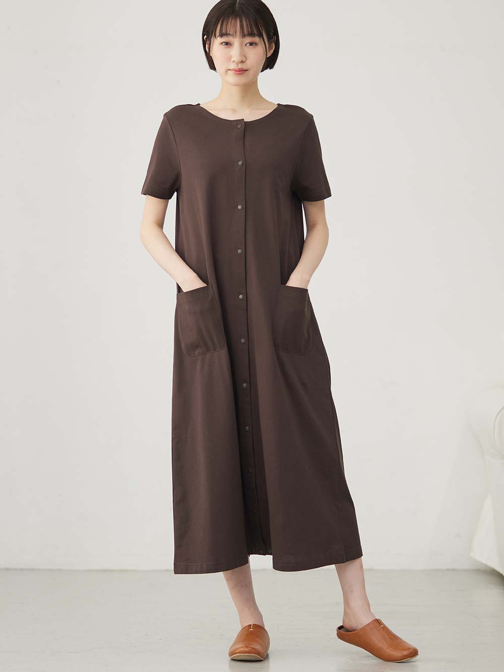 マタニティ パジャマ・ルームウェア|【防汚加工】【長袖・半袖】【２WAY】綿100％前開きネグリジェ　マタニティ・授乳パジャマ【産後も長く着れる】|ブラウン(半袖)