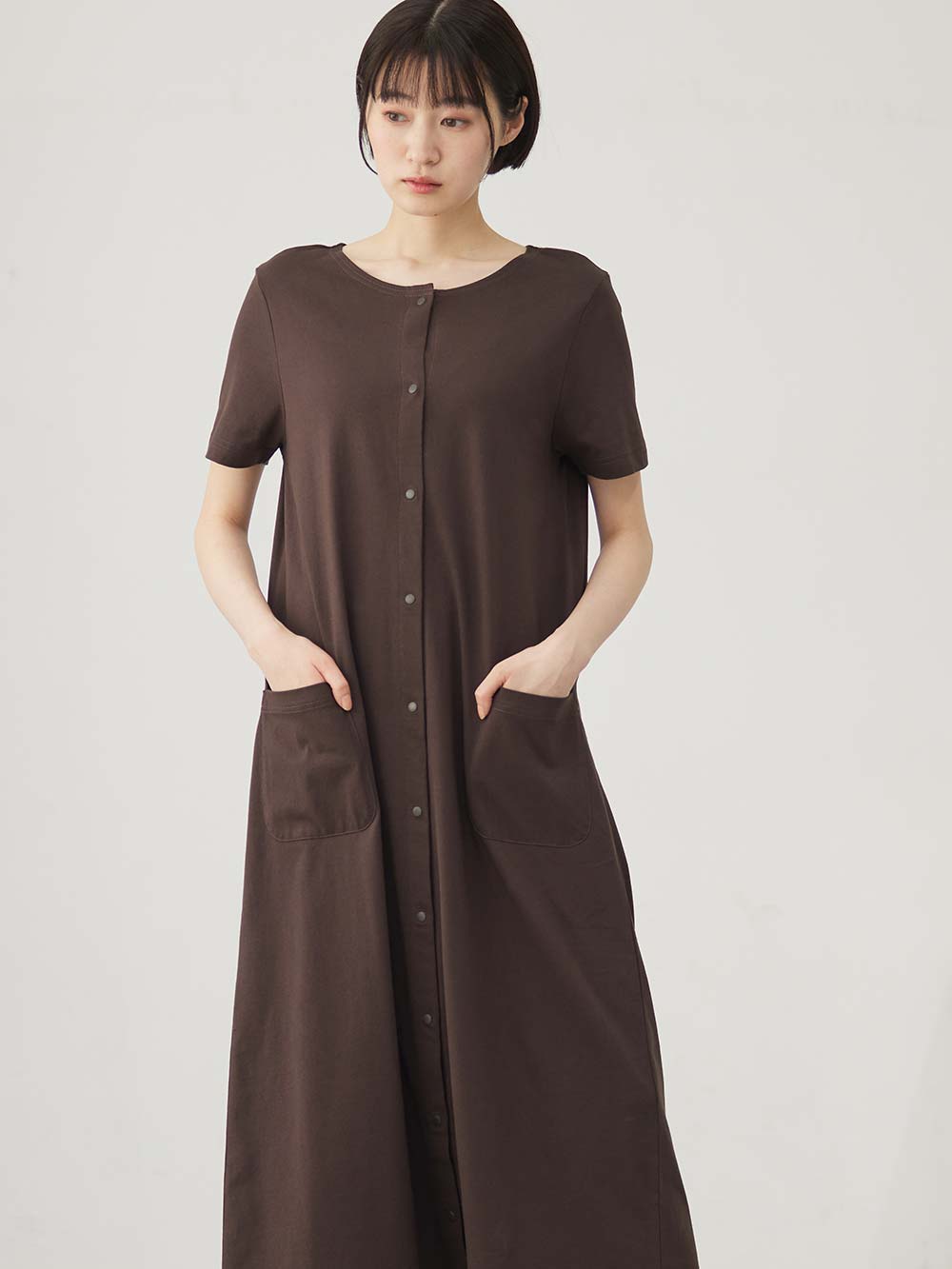マタニティ パジャマ・ルームウェア|【防汚加工】【長袖・半袖】【２WAY】綿100％前開きネグリジェ　マタニティ・授乳パジャマ【産後も長く着れる】|ブラウン(半袖)