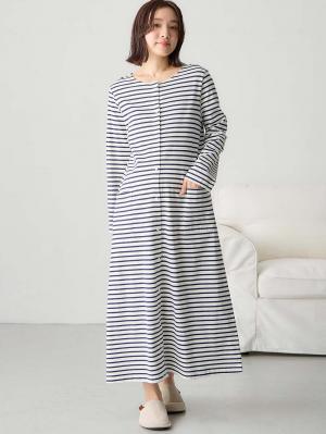 マタニティ パジャマ・ルームウェア|【防汚加工】【長袖・半袖】【２WAY】綿100％前開きネグリジェ　マタニティ・授乳パジャマ【産後も長く着れる】|オフ×ネイビーボーダー(長袖)