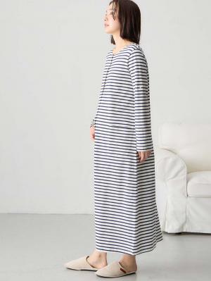 マタニティ パジャマ・ルームウェア|【防汚加工】【長袖・半袖】【２WAY】綿100％前開きネグリジェ　マタニティ・授乳パジャマ【産後も長く着れる】|オフ×ネイビーボーダー(長袖)