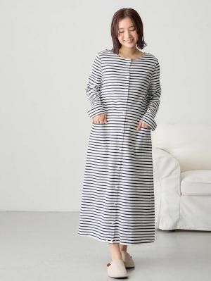 マタニティ パジャマ・ルームウェア|【防汚加工】【長袖・半袖】【２WAY】綿100％前開きネグリジェ　マタニティ・授乳パジャマ【産後も長く着れる】|オフ×ネイビーボーダー(長袖)