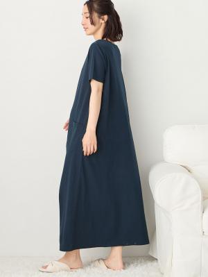 マタニティ パジャマ・ルームウェア|【防汚加工】【長袖・半袖】【２WAY】綿100％前開きネグリジェ　マタニティ・授乳パジャマ【産後も長く着れる】|ネイビー(半袖)