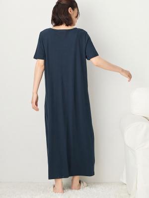 マタニティ パジャマ・ルームウェア|【防汚加工】【長袖・半袖】【２WAY】綿100％前開きネグリジェ　マタニティ・授乳パジャマ【産後も長く着れる】|ネイビー(半袖)